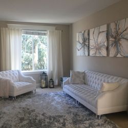 2 Piece Velvet like White couch and chair with acrylic legs.  