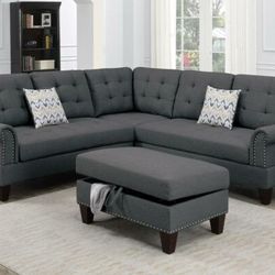 Brand New Charcoal Sectional Sofa With Storage Ottoman 