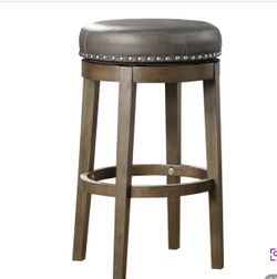 Like New Set of 4 Gray Leather Swivel Bar Stools with Nailhead Trim