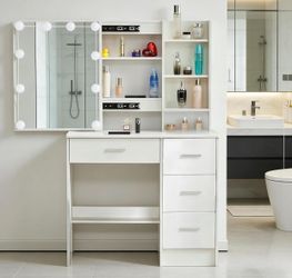 Vanity Desk with 4 Drawers, 4 Open Storage Shelves, 3 Lighting Colors & Adjustable Brightness, White Dressing Table for Women and Girls