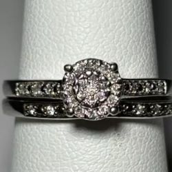 .925 Sterling Silver Genuine White Diamond Wedding Ring Set Size 7