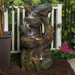 39” Cascading Rock and Tree Trunk LED Lights Outdoor Patio Garden Water Fountain Feature