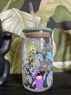 Monsters Inc Glass Can  Bling Bamboo Lid Custom Cup