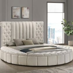 New Sonia Upholstered Queen Round Storage Bed Ivory Set