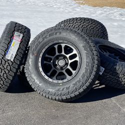NEW Set of 5 Black Wheels Jeep Rubicon 5x127 Rims JK Gladiator JL Wrangler Falken A/T Tires 285/70R17 Beadlock