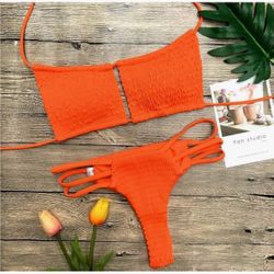 Women's Bikini Swimsuits Set Bandeau Orange Bikini Top Brazilian String Halter Smocked Keyhole Bathing Suit