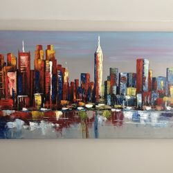 Large Colorful Cityscape Canvas Painting (63”x28”)