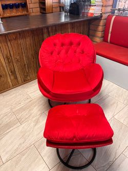 Red Velvet swivel chair with ottoman! Mid-century egg style swivel chair! Living room lounge chair