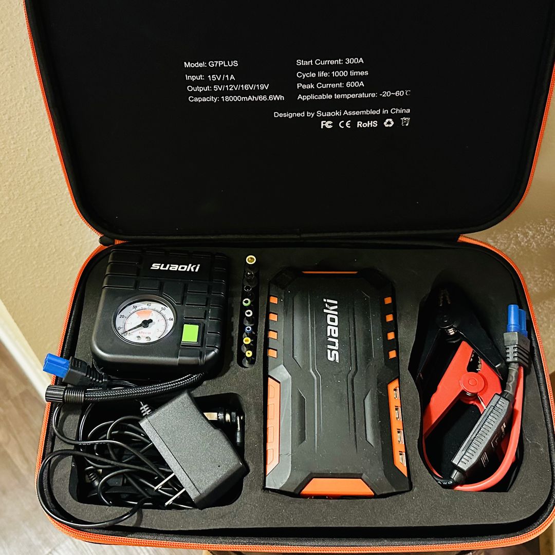 Car Jump Starter,Tire inflator, Flashlight, Power bank .