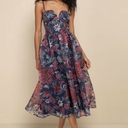 Lulus Cherished Aura Navy Blue Floral Organza Bustier Midi Dresst