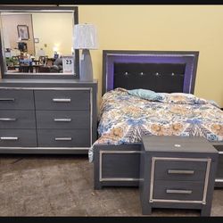 Gray Full LED Headboard Panel Bed With Storage Footboard, Dresser, Mirror, Chest🤩 Brand New ✅ Bedroom Set💥