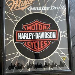 Vintage Rare 1991 Miller Beer Harley Davidson Framed Glass Sign