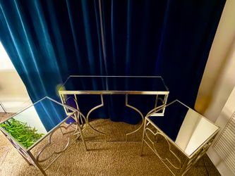 Silver leaf metal mirror top sofa table and end tables