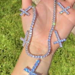 Men’s Tennis Link Chain Necklace, 14K White Gold 5X Layered 20 Inches, Cross Necklace, CZ Diamond Cross Choker, ICY Necklace, Tennis Chain
