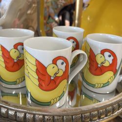 1979 Fitz and Floyd “Parrot” colorful bird mugs 10 oz Matching set of 4