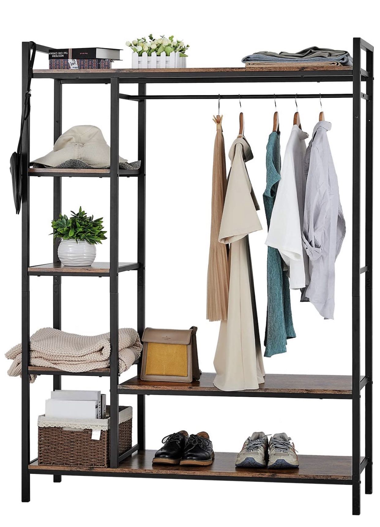 kealive Freestanding Closet Organizer Heavy Duty Clothing Rack with Shelves, Industrial Wood Wardrobe Garment Rack for Hanging Clothes and Storage (B