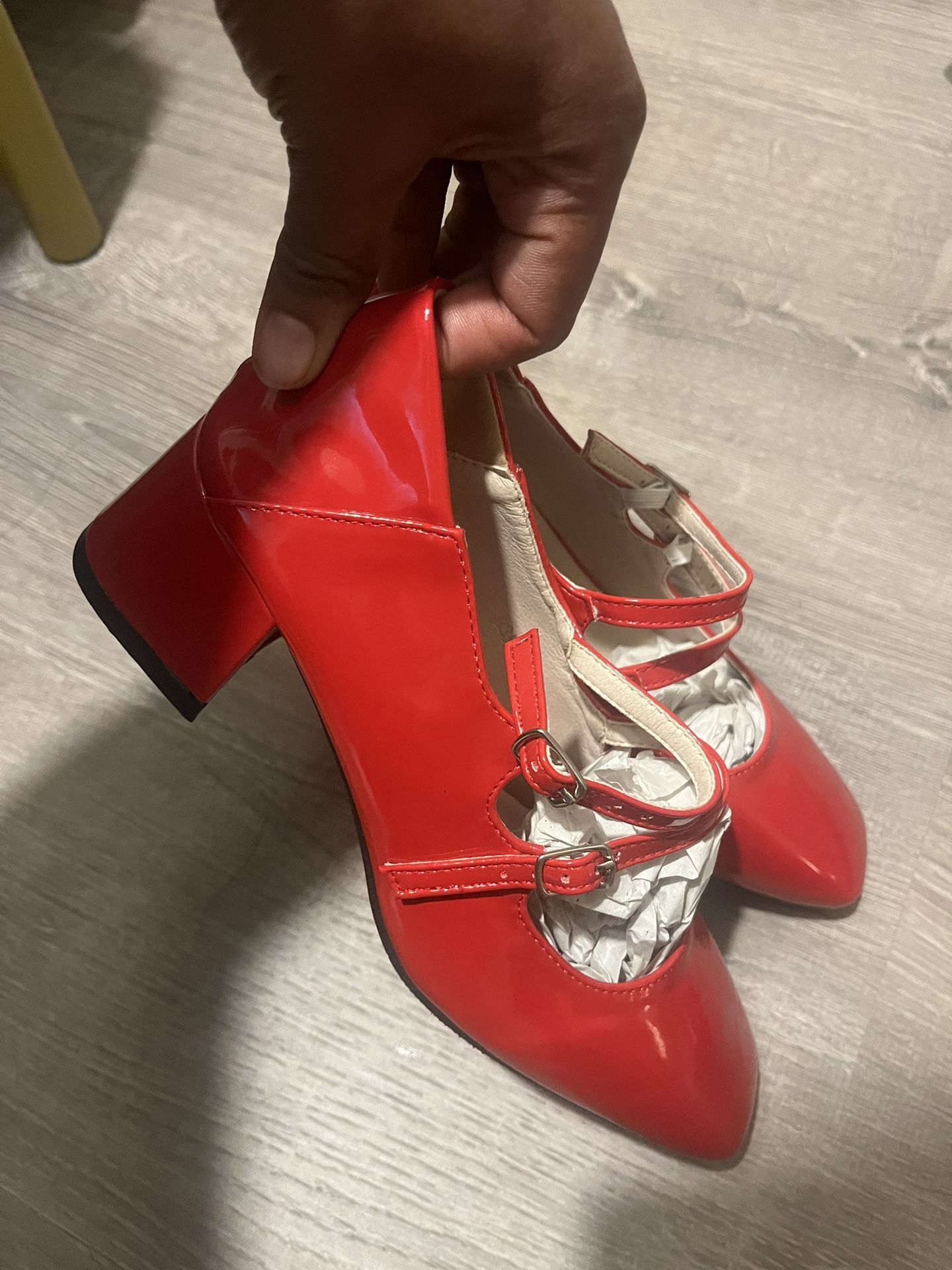 Red Chunky Heel Strappy Shoes 