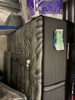 Queen Bed = Sealy Posturepedic 13” Mattress/boxspring, Grey Platform Bed w/ Headboard Included