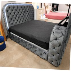 Modern gray velvet Queen platform bed frame w/LED TV LIFT & FIREPLCE