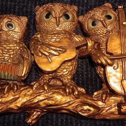 1960s Progressive Art Gold Painted Plaster Owls. Very Heavy. 21" x 14".
