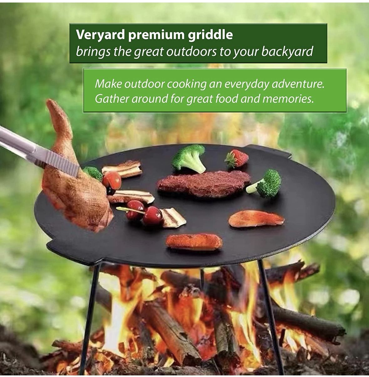 Veryard 18" Cast Iron Campfire Griddle, Round Iron Pan, Portable Grill with 3 Removable Legs for Outdoor BBQ Cooking, Grilling and Frying Outdoor Camp