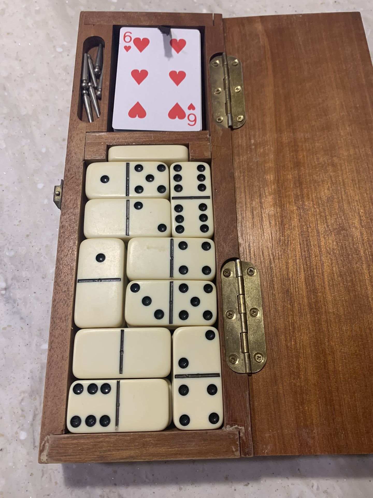 Vintage Game Set. Cards. Cribbage. And Dominos. Box Is Solid Wood. All Is Original Except Cards. Some Were Missing, So Replaced Them.