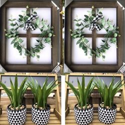 Farmhouse Rustic Wood Window Pane Frame & Potted Plants Bundle Of 6