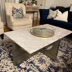 Living Room Set: Blue velvet Sofa, Accent Chairs & Marble coffee table
