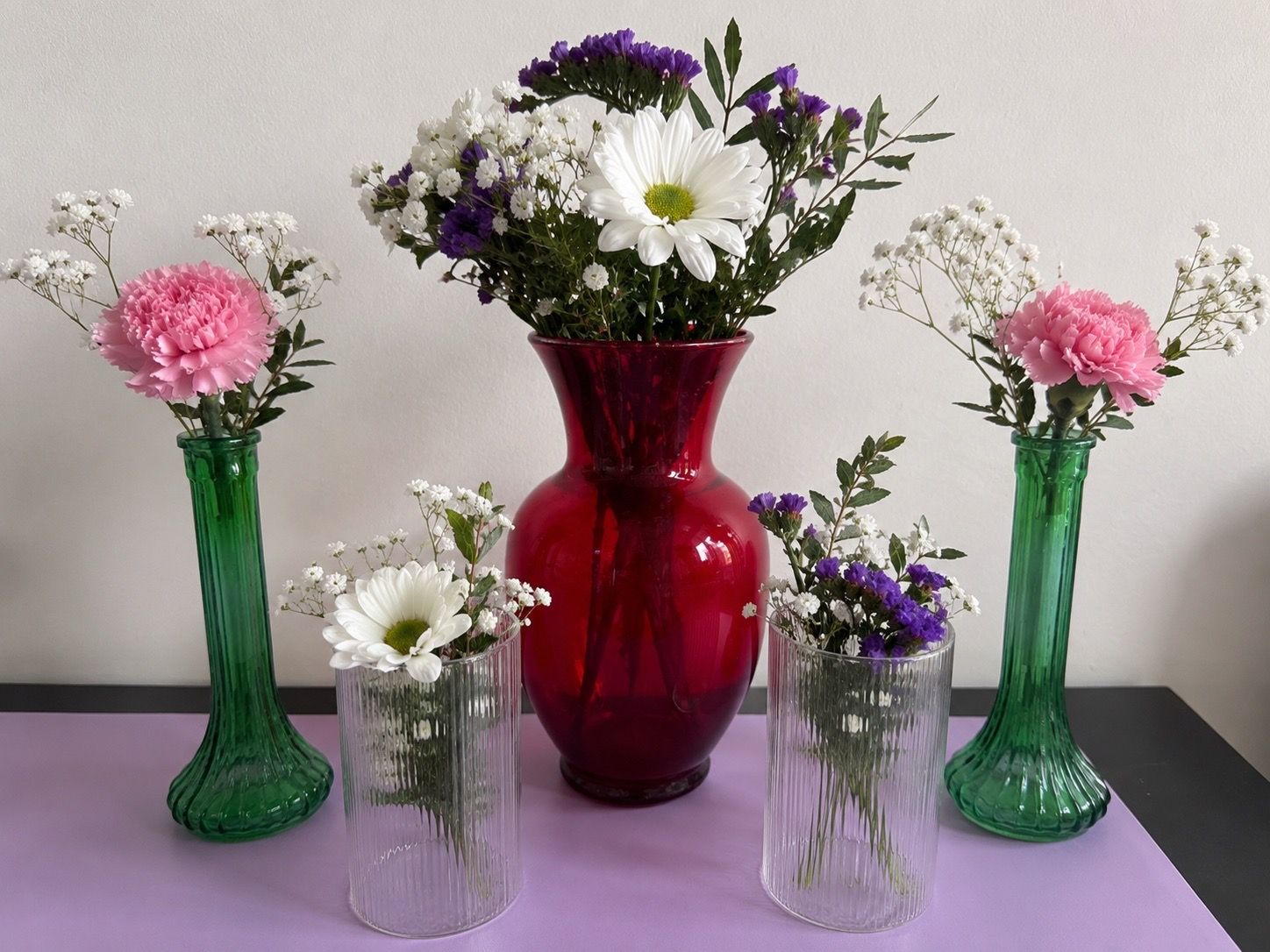 Set of 5 Glass Vases - Red, Green, Clear