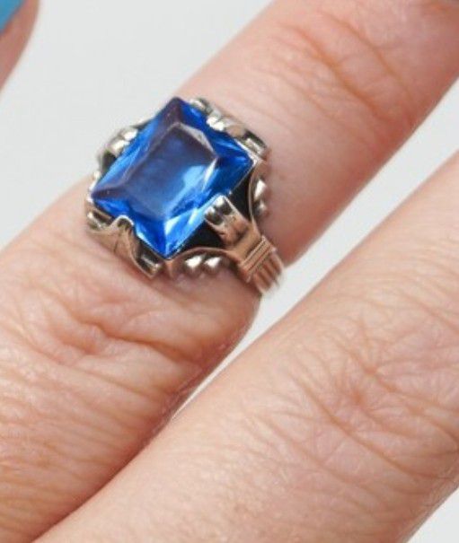 Antique Blue Glass Sterling Silver Statement Ring