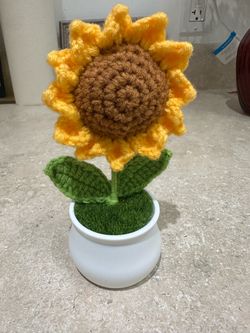 Handmade Crochet Sunflower in White Pot