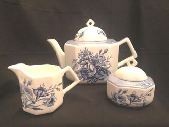 Vintage, Tea Pot, Creamer & Sugar Bowl-Foulard Barbra Wilson, Porta Portugal Blue Floral