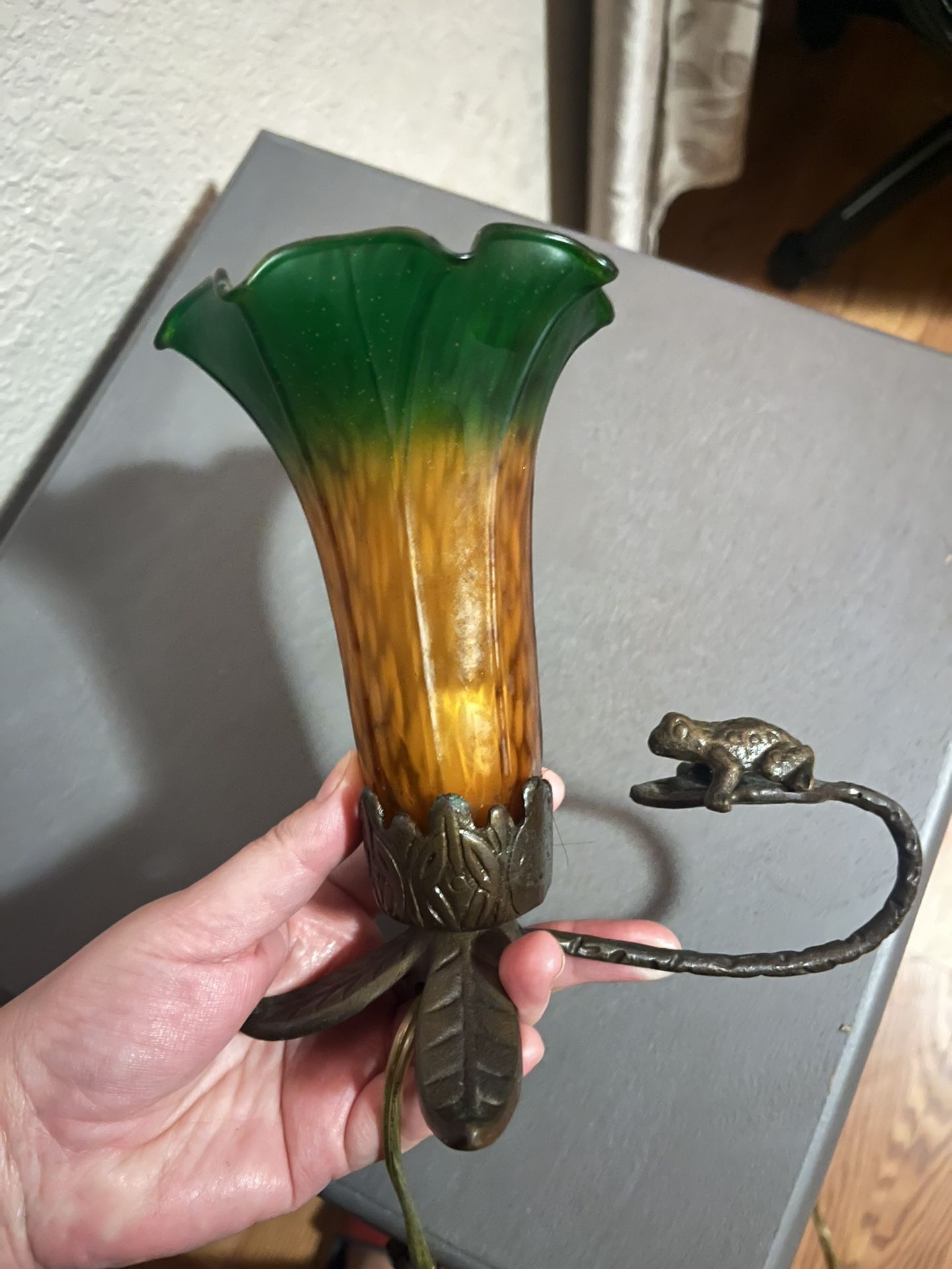 Jeweled Frog  Sculptured Bronze Lamp Yellow Orange Green Flower Whimsical