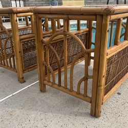 Pair of Vintage Mid Century Rattan Bamboo Glass-Top End Tables, Palm Beach Regency
