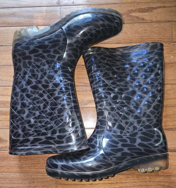 Black Leopard Print Rubber Mid Shaft Rain Boots Women's 10 – $13