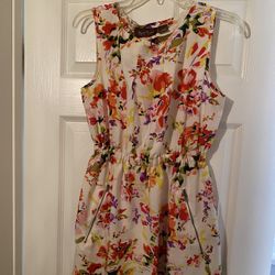 Light Floral Pattern Cinched Waist Dress With Pockets