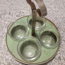 Vintage Glass Condiments Trinket Holder Metal Etched Stand 