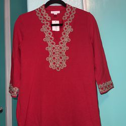 Red Ribbed And Gold Charter Club Tunic P/S