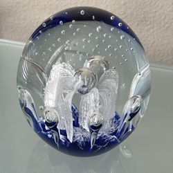 Vintage Murano Paperweight Italian Art Glass Explosion Fountain White Flower with Cobalt Blue 