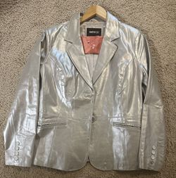 Metallic silver leather blazer