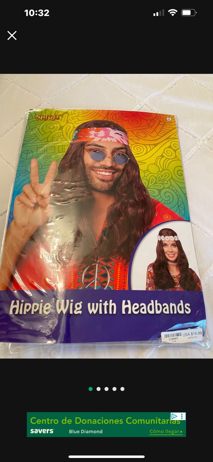 Hippie Wig With Head Band, T Shirt Tie Die, Vest, Glasses, Pendant