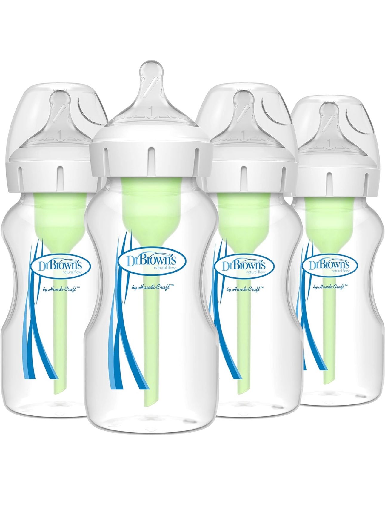 Dr. Brown's Natural Flow Anti-Colic Options+ Wide-Neck Baby Bottles 9 oz/270 mL,with Level 1 Slow Flow Nipple,4 Count,0m+