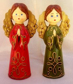 Two Red and Green Ceramic Vintage Christmas Angel Ornaments