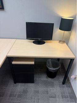 Blonde desks and side file cabinets