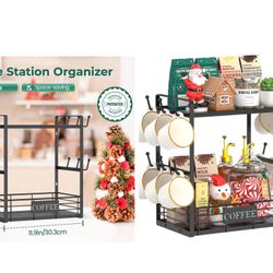 ly 2 Tier Coffee Bar Organizer Countertop Station Shelf for Home Office, Multi-functional Coffee Mug Cup Holder Stand, Accessory Storage Rack with 12 