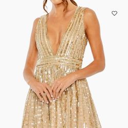 Mac Duggal Beige Gold Plunge A-Line Sequin Beaded Cocktail Minidress Size 6