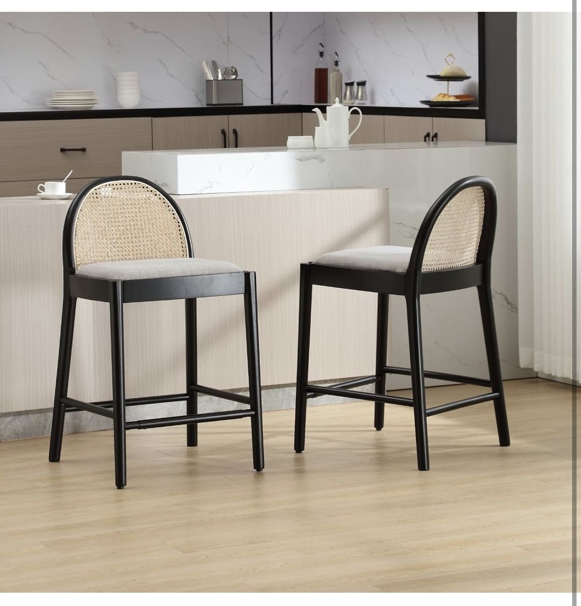 Modern Grey Rattan Counter Stool,26 Inch Height - Wooden Linen Upholstered Bar Stools Barstool with Oval Rattan Backrest - Armless Kitchen 