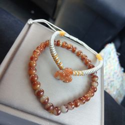 Lot 2 Bracelets Certified Red Brownish Jade Jadeist Byrma Bead Size 6mm And Fkower Hand Knitted Nracelet.