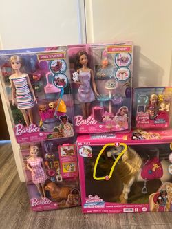 Barbie Chelsea Travel Doll with Puppy, Barbie Stroll and Play Pups, Barbie Mysteries Great Horse Chase, Barbie Newborn Pets Playset with Pregnant Dog,