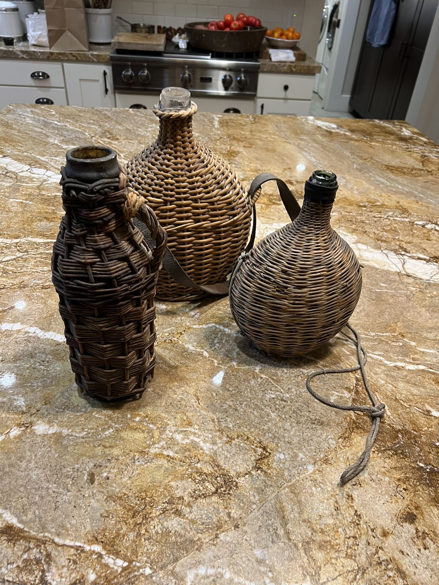 Antique French Bottles In Wooden Baskets
